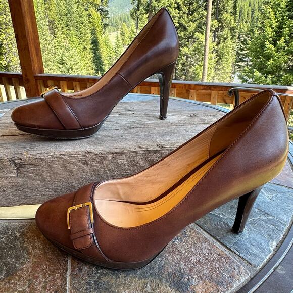 Cole Haan Nike Air Brown Leather Stiletto Heels 10B Gold Buckle Classy Coquette - Picture 2 of 10